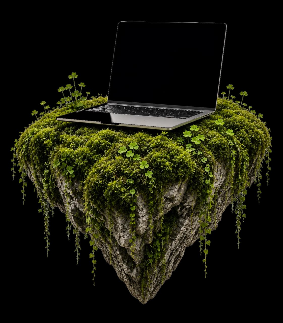 Isla de musgo con una laptop, como escenario de trabajo de FORST