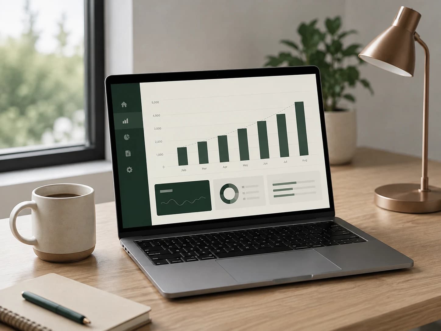 Laptop con un dashboard de crecimiento sobre un escritorio de madera, luz natural de día